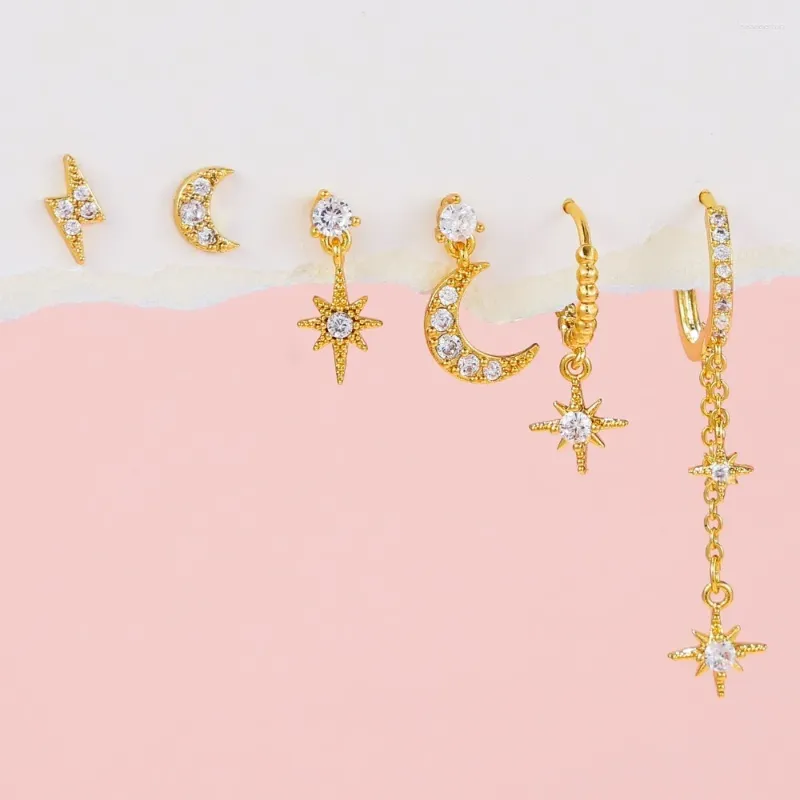 Stud Earrings Fashion Jewelry Piercing Star Moon Cubic Zirconia Stainless Steel Pendant Cartilage Earring Chain Hoop
