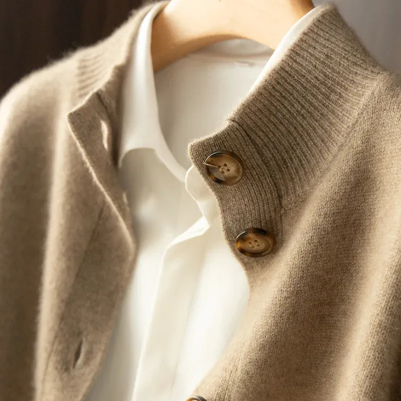 Damenpullover Herbst und Winter 100 % Wolle-Kaschmir-Pullover SelfCultivation Half High Neck Cardigan Warm gestrickte Frauen 231218