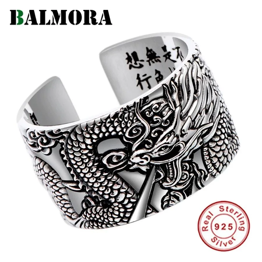 Naszyjniki Balmora Real 999 Pure Sier Dragon Buddhizm Sutra Otwarte pierścienie dla mężczyzn układających pierścień Vintage Cool Punk Pince Ring Biżuter