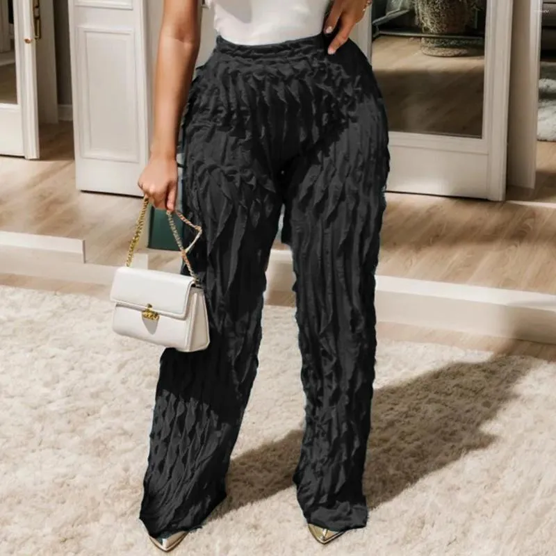 Calças femininas mulheres cor sólida malha padrão ondulado perna larga babados elástico cintura alta elegante e confortável