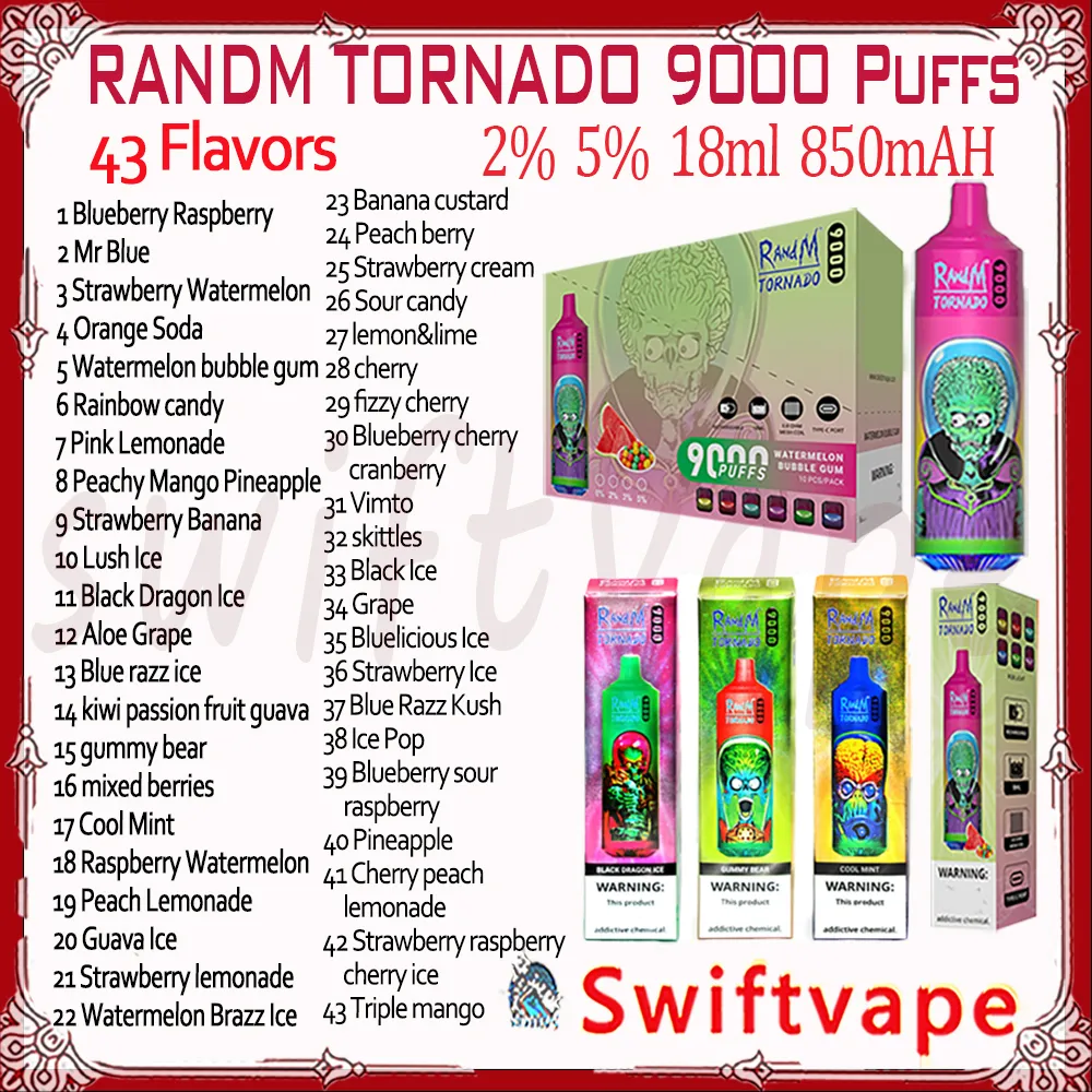 Original RandM Tornado 9000 Puff jetable Vape E Cigarette 18 ml 2% 5% 850mAh batterie rechargeable 43 saveurs RGB Glow 9K Vapes Pen Kit de démarrage authentique en gros