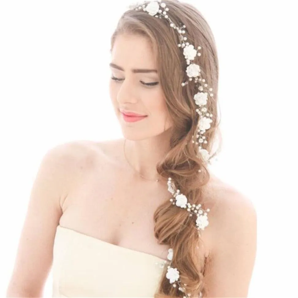 Wedding Bridal Flower Long Hair Chain Band Headband Crystal Rhinestone Crown Tiara Headpiece Jewelry Pearl Headdress Princess Quee298D