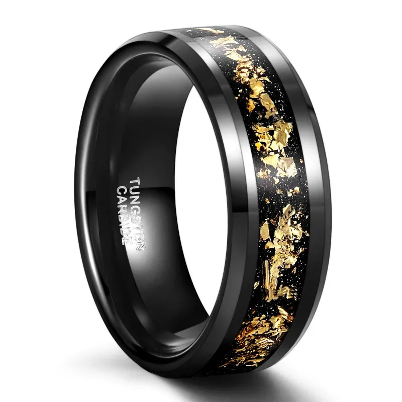 Band Ringen 8mm Wolfraamcarbide Stalen Ring Zwart Ingelegd Goud Kleur Folie Trouwring voor Mannen en Vrouwen Sieraden Groothandel 231218