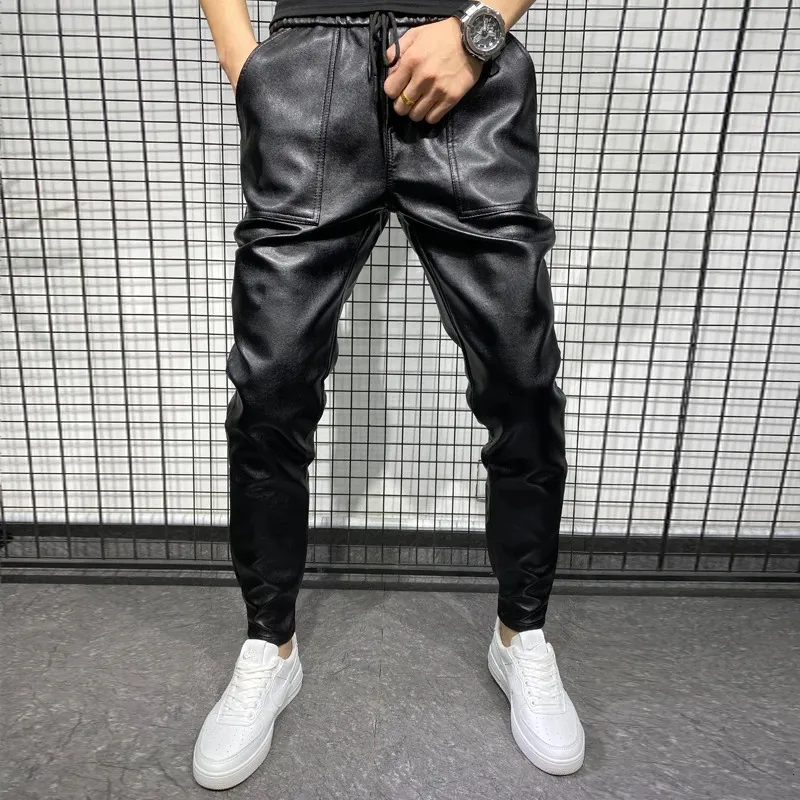 Mens Pants Pu Leather High Quality Winter Korean Luxury Clothing Big Size Windproof Casual Warm Trousers Black Pantalon Cuero Hombre 231218