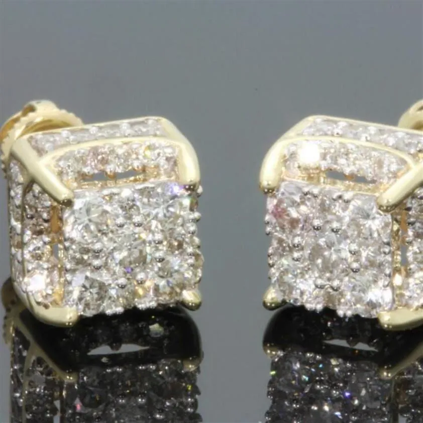 Rhinestone Crystal Stud Earrings Copper Gold Color Square Cubic Zircon Earring Women Men Fashion Hip Hop Jewelry239C