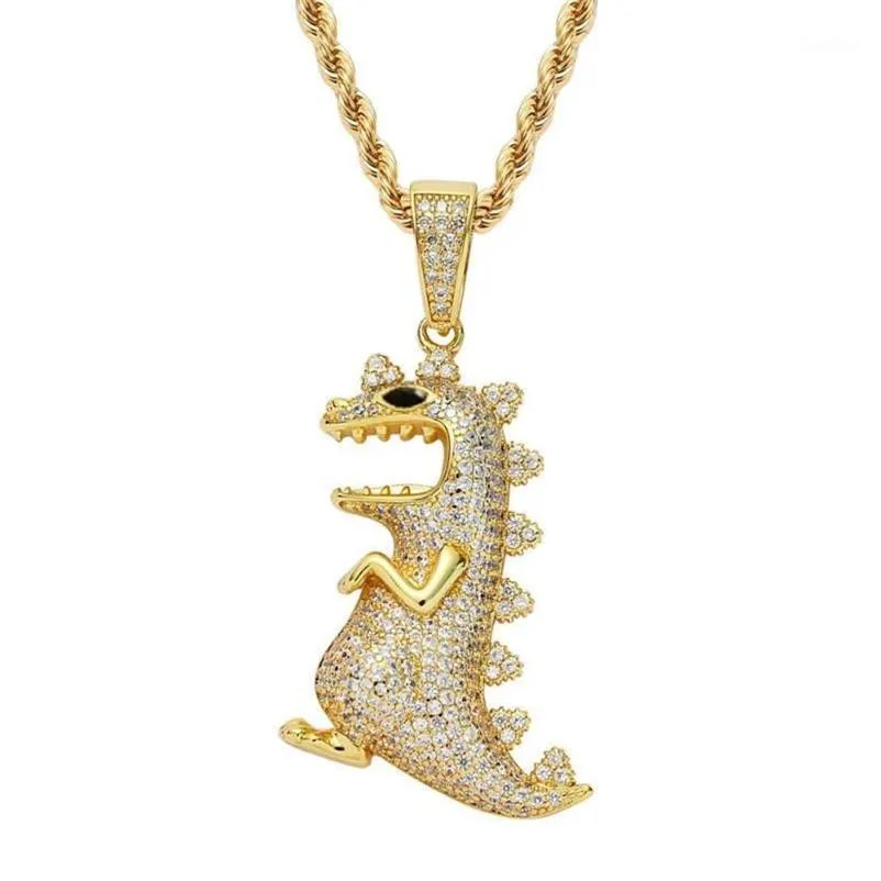 Mathalla Men's Hiphop Animal Dinosaur CZ Pendant Jewelry Iced Out Cubic Zircon Pendant Brass Copper Gold Chain Necklace Joyer231f