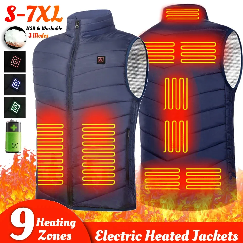 Gilets pour hommes 9 zones de chauffage Gilet chauffant électrique Hommes Femmes S7XL Veste thermique lavable Chauffe-corps USB Charge pour le camping en plein air 231218