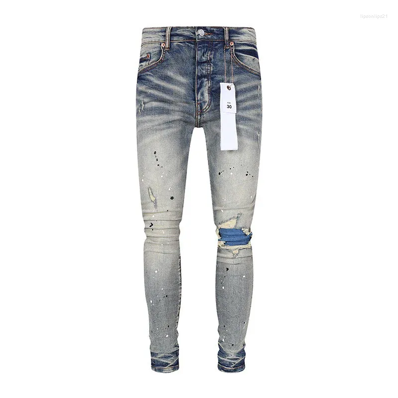 Jeans pour hommes Street Fashion Designer Violet Rétro Lavé Bleu Stretch Skinny Fit Peint Ripped Hommes Patché Hip Hop Marque Pantalon