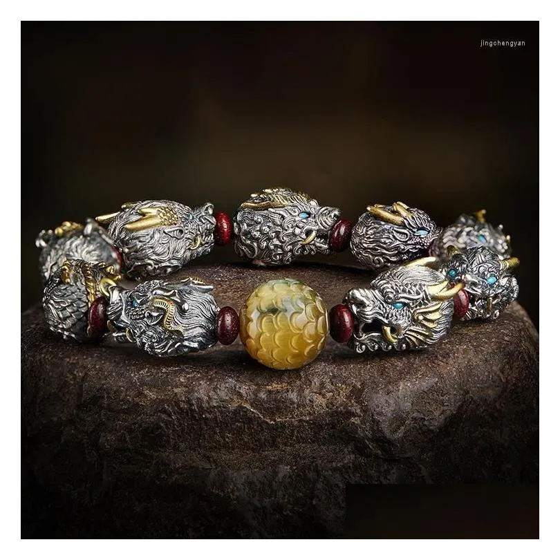 Bracelet Bracelet Foyuan Sier Couleur Wen Jouer Petite Feuille Rouge Bois De Santal Dragon Né Neuf Enfant Chaîne De Poche Bijoux Pour Hommes Drop Livraison Dherp