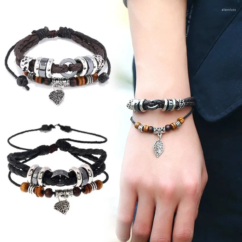 Charm Bracelets Vintage Leather Women Ethnic Style Woven Multilayer Braided Gift Men Wood Beads Leaves Shape Wristband