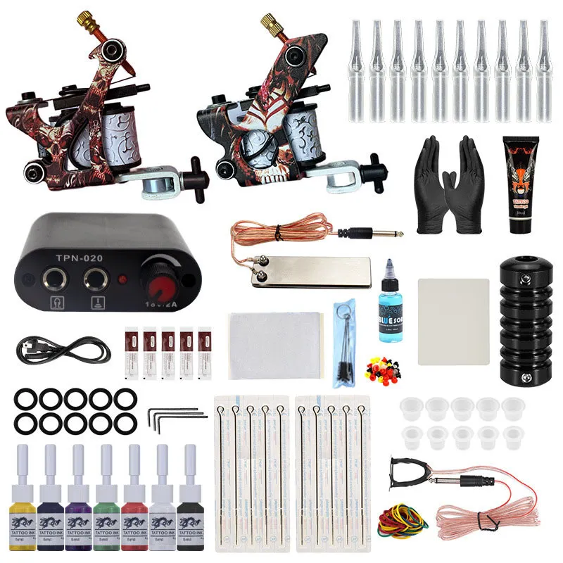 Tattoo kit full set of equipment coil double tattoo machine with power stainless steel foot pedal disposable tattoo accessories