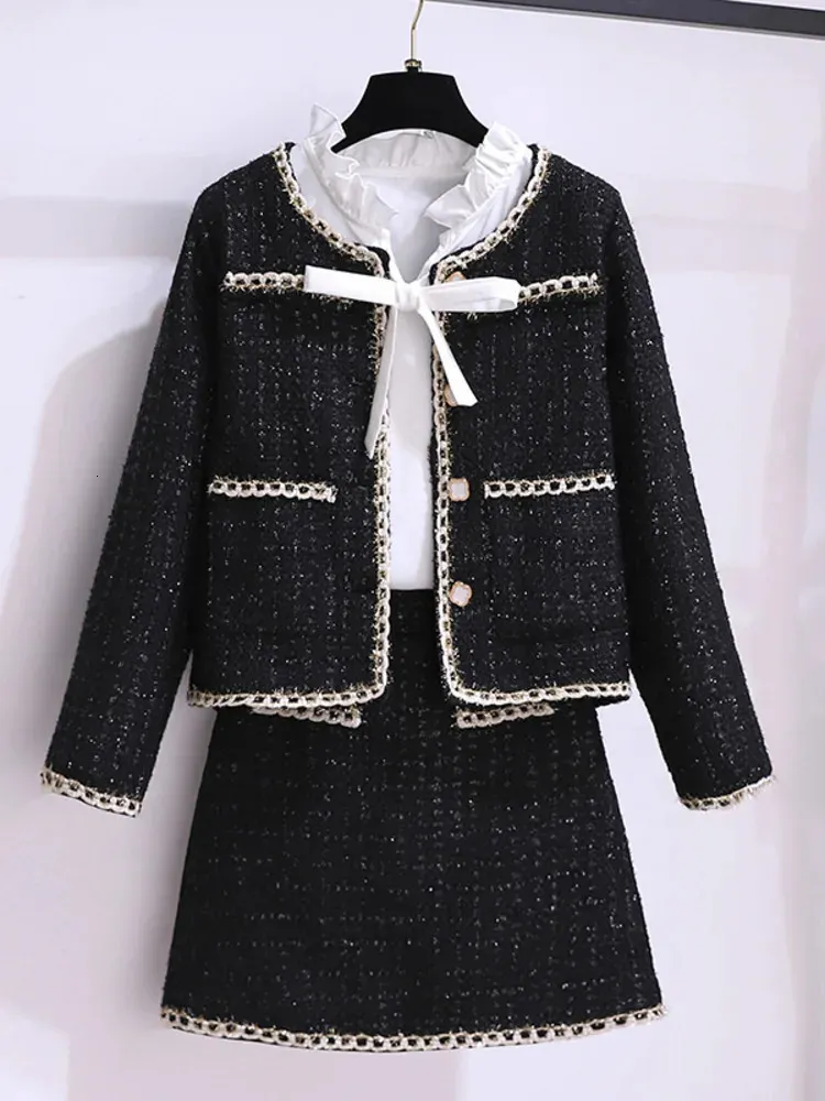 Vestido de duas peças outono inverno elegante preto tweed 2 conjunto mulheres manga longa jaqueta de lã casaco curto mini saias ternos moda 231218