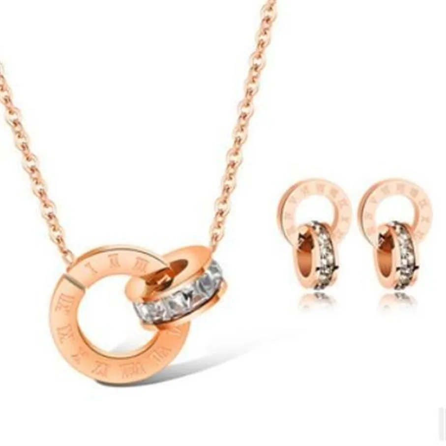 jewelry jewelry sets for women rose gold color double rings earings necklace titanium steel sets fasion243A