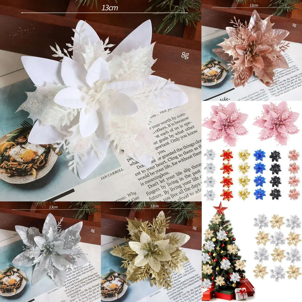 Neues Weihnachtsspielzeugzubehör, 12 Stück, künstliche Weihnachtsblumen, glitzernde Blumen, Weihnachtsbaum, Kranz, Girlande, Blumenornamente für Hochzeitsfeier, Dekoration