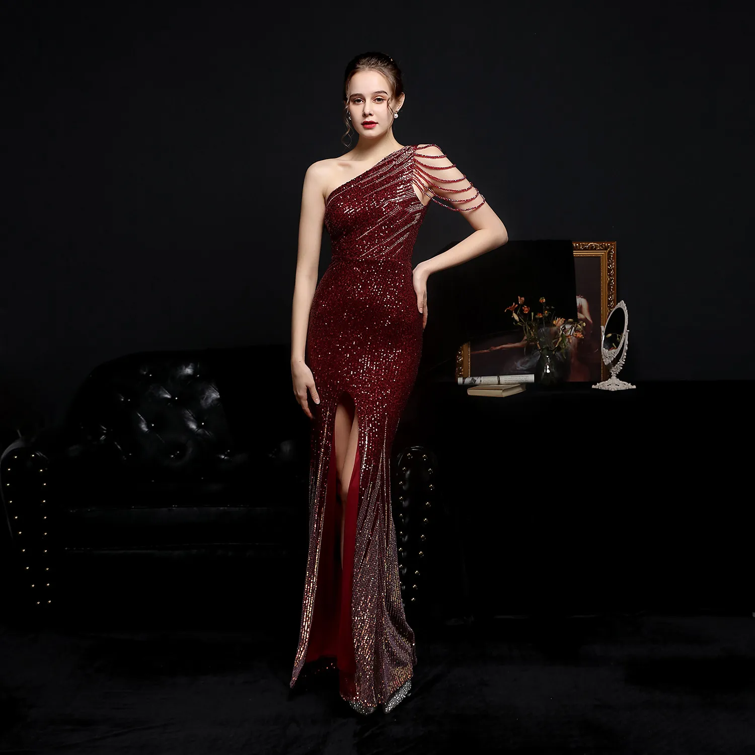 Vestido De noche rojo vino un hombro mujeres elegantes correas lentejuelas sirena Maxi vestido para fiesta De graduación Abendkleider Robe De Soiree Vestidos