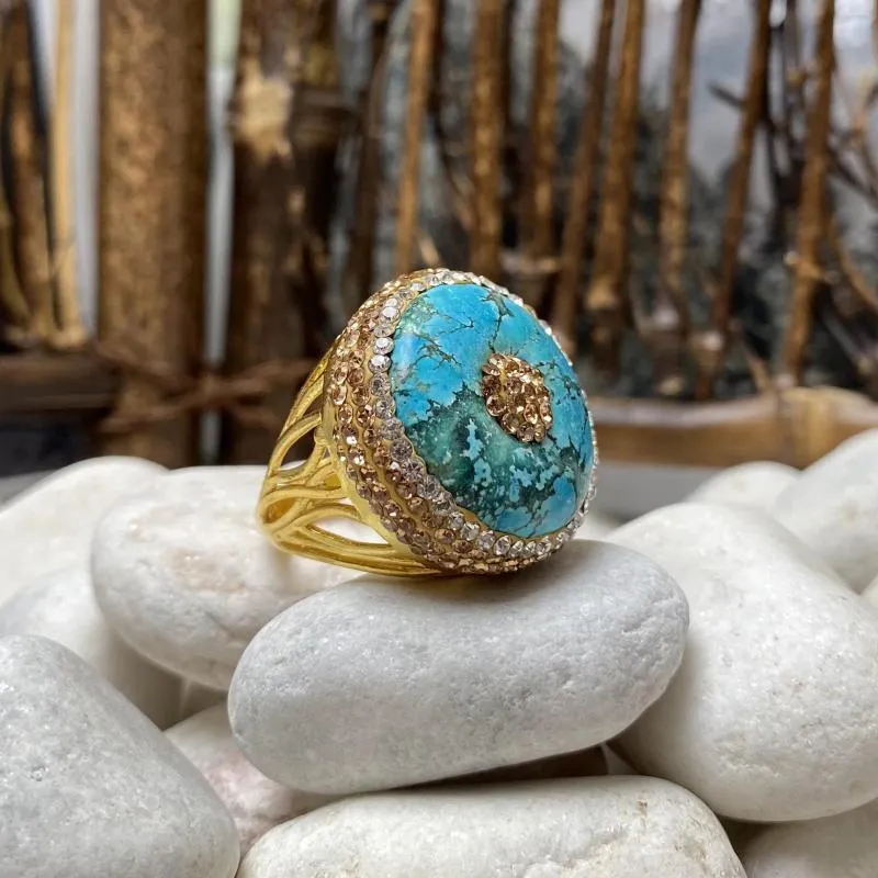 Cluster anéis natural azul turquesa botão em forma de galvanoplastia anel senhoras personalidade simples e elegante jóias requintadas