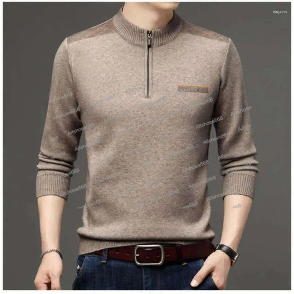 2024 Herrtröjor Vinter Mellanåldern tjock varm halv hals blixtlås Stående ulltröja tryck lapptäcke Business Casual Fleece Long Sleeve Top