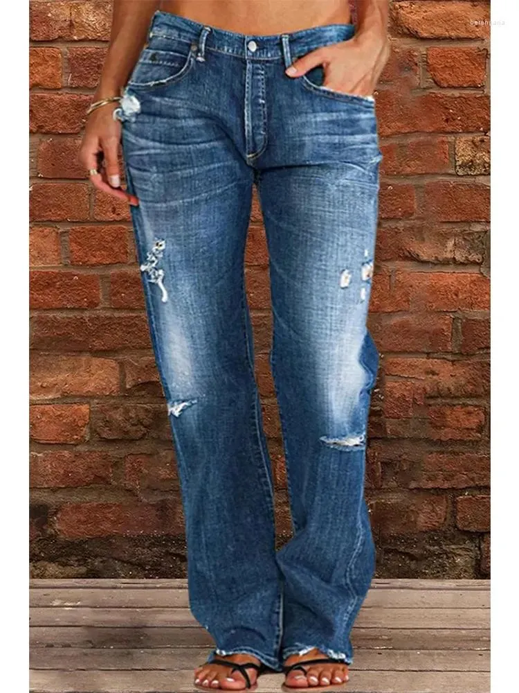 Kadınlar Kot 2023 Kadın Yırtık Denim Pantolon Vintage Orta Bel Düz Mavi Gevşek Geniş Bacak