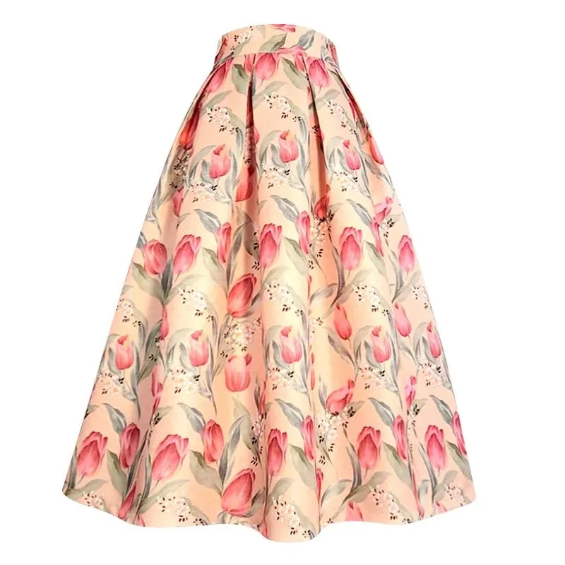 Dresses 2023 Spring Summer Korean Vintage Stylish Elegant Clothes Women Y2k Pink Tulip Floral Print High Waist Pleated Midi Skirt Faldas