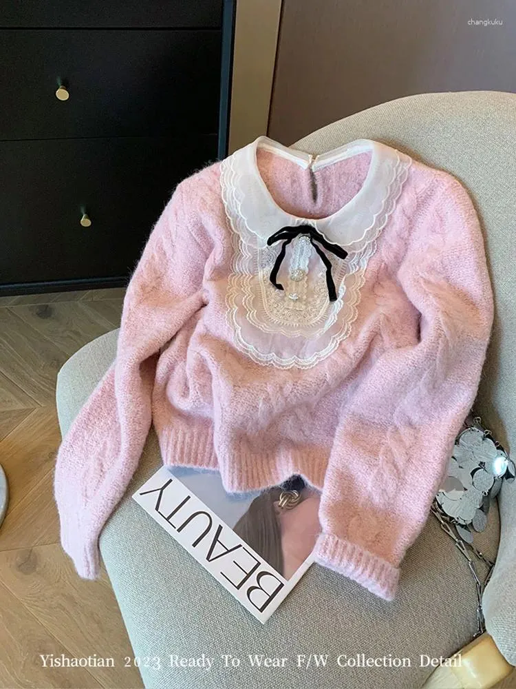 Damenpullover Hochwertiger Kawaii-Strickpullover Eleganter koreanischer Mode-Langarm-Rosa-Cardigan Lässiger O-Ausschnitt Süßer Pullover Herbst