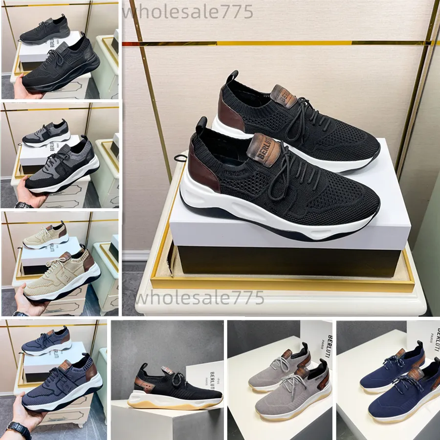 Berluti Handgjorda män Casual Sports Shoes Designer Shadow Knit och läder sneakerskor Fashion Märke Tjock Sole Casual Shoe