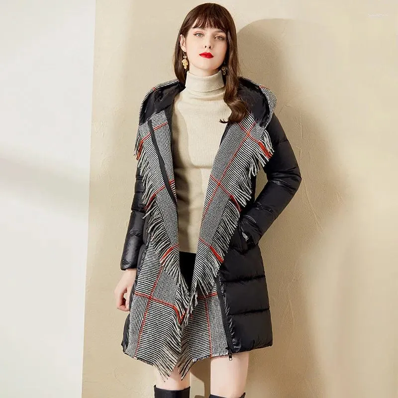 Women's Down High-quality Overcoat Female 2023 Autumn And Winter Ladies Fashion Plaid Splicing White Duck Jacket Coat