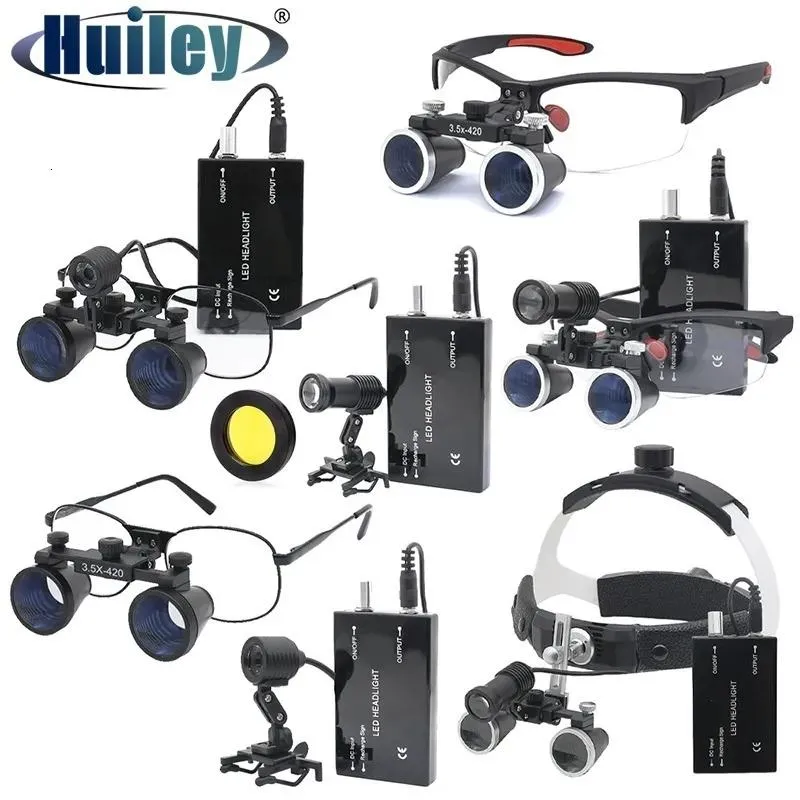 Occhiali Lenti d'ingrandimento 3.5X Lenti d'ingrandimento binoculari dentali con luce frontale Filtro giallo Batteria Lion Lente d'ingrandimento da laboratorio Vetro ottico Cancella Imag