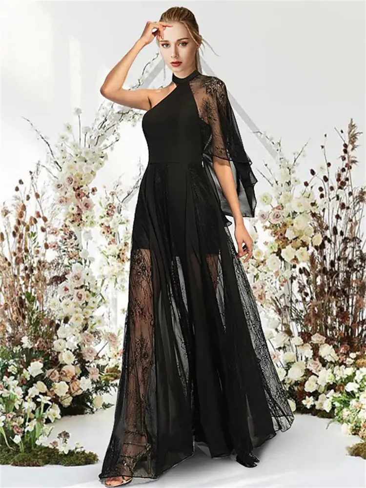 DHgate Black Chiffon Lace One Shoulder A Line Prom Dresses for Women Bohemian Maxi Dress with Pleats for Special Occasions Wedding Party Events