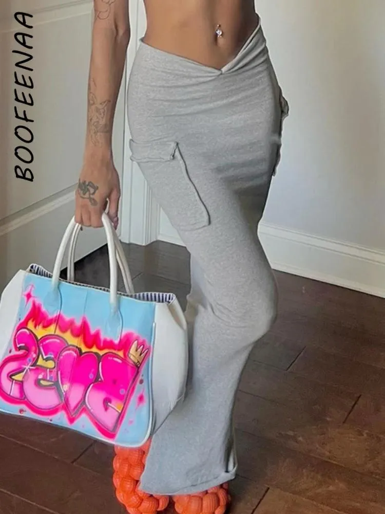 Abiti Boofeenaa sexy v taglio tasche alte tasche lunghe gonne da donna abbigliamento 2023 gonna a matita maxi grigio grigio casual c85cz20