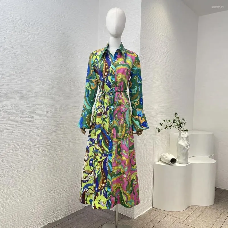 Robes décontractées 2023 Arrivée de haute qualité Lin à manches longues Midi Paisley Femmes Robe Beach Style Vacances