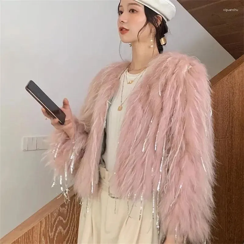 Women's Fur Autumn And Winter Fashion Ladies Beautiful Raccoon Hair Woven Short Long Solid Color Fringed Loose Cardigan Coat