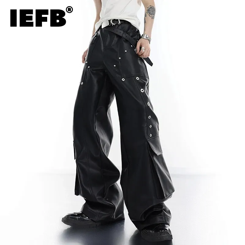 Mens Pants IEFB High Street Trend Pu Leather Cargo Pant Fashion Large Pocket Spliced ​​Design Wide Len Loose Technology Overalls 9C1048 231218