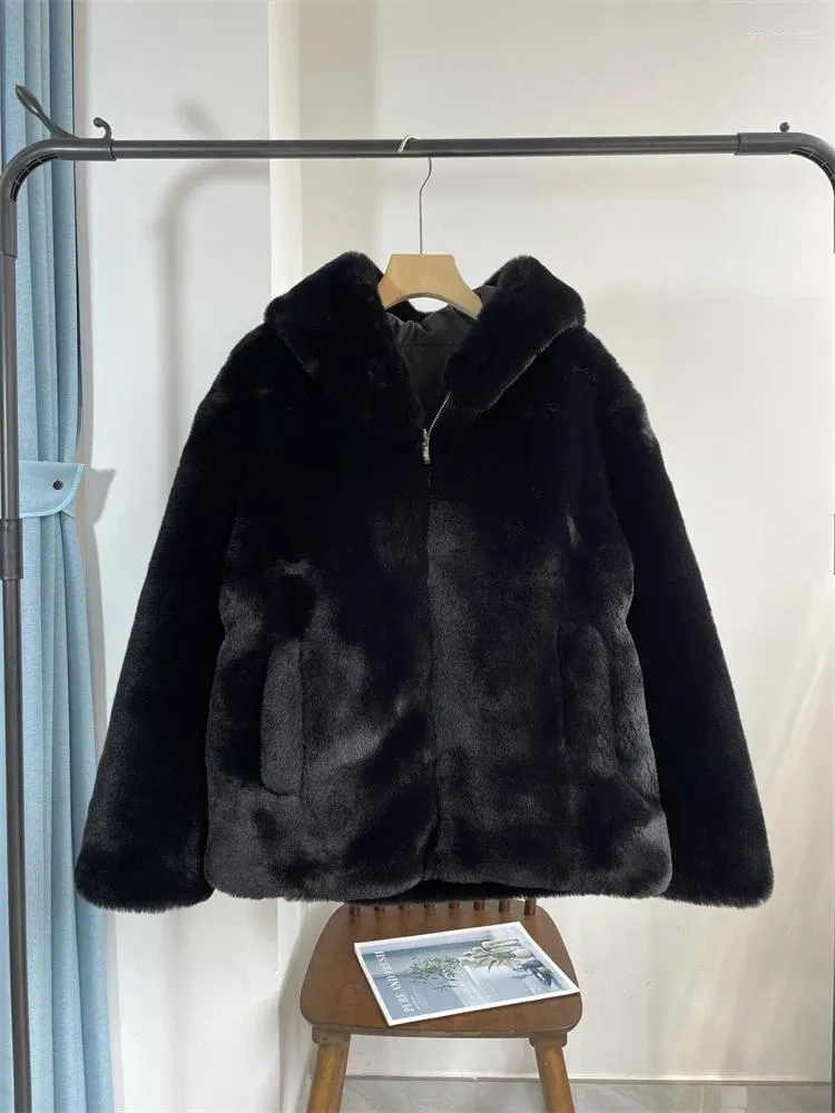 Casaco de pele feminino com capuz ecológico preto simples quente pelúcia outerwear 2023 inverno moda feminina jaqueta com zíper