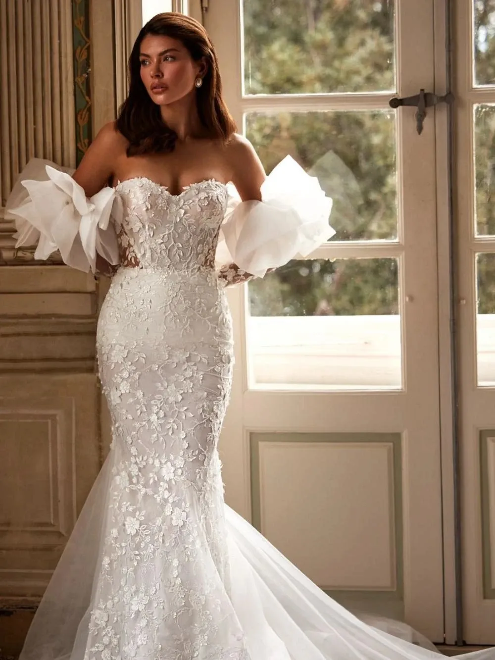 Abito Da Sposa A Sirena In Pizzo Trasparente Scollo A Cuore, Maniche  Staccabili, Abito Da Sposa Modesto Da 166,36 € | DHgate, image size:1000x1333