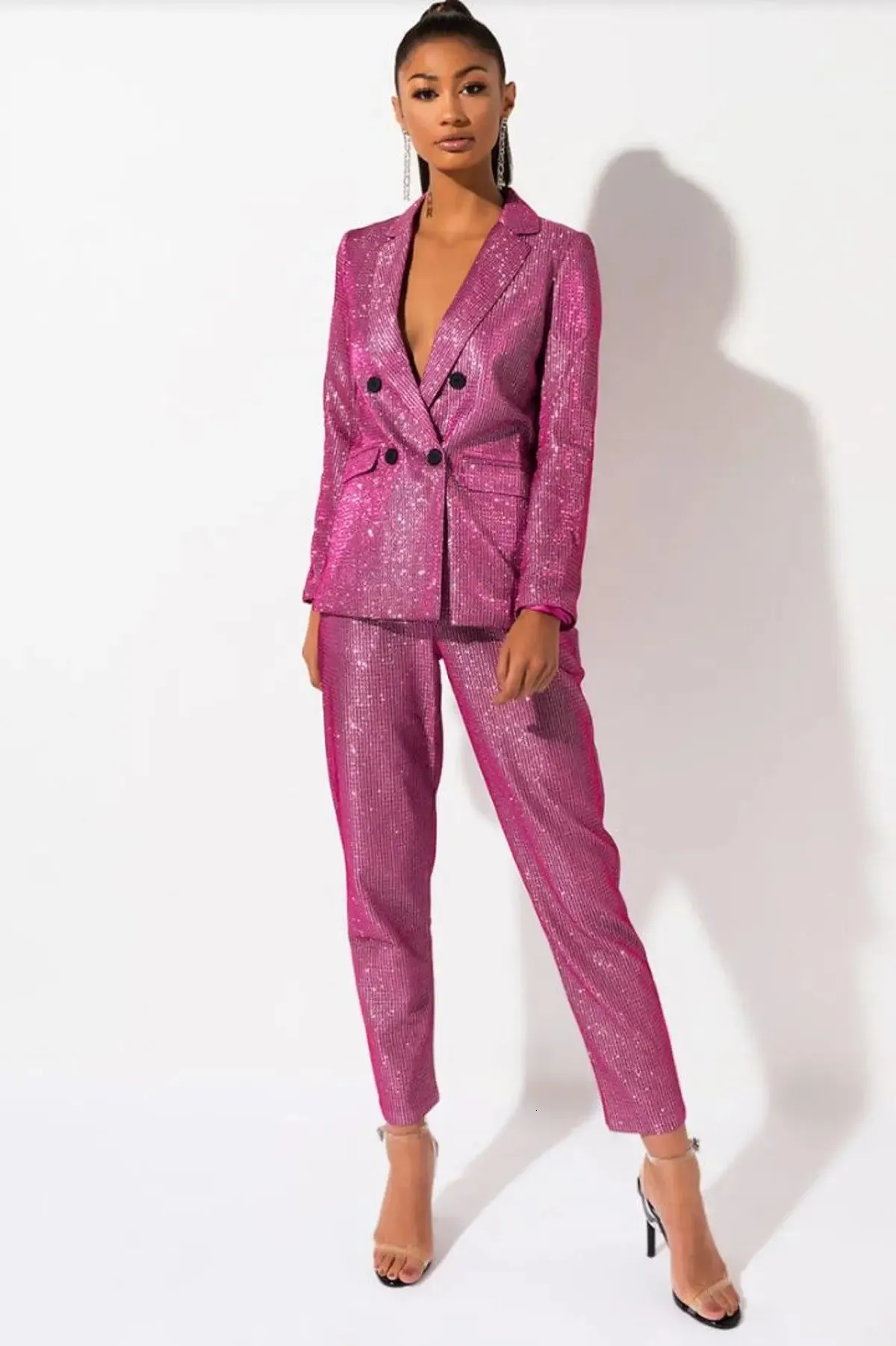 Damenanzüge, Blazer, luxuriöser Glitzer-Blazer, Hosenanzug-Set, Übergröße, rosa, glänzend, glitzernd, Geburtstag, Hochzeit, Cocktailparty, Weihnachten, Jahr, Bühnenoutfit 231216