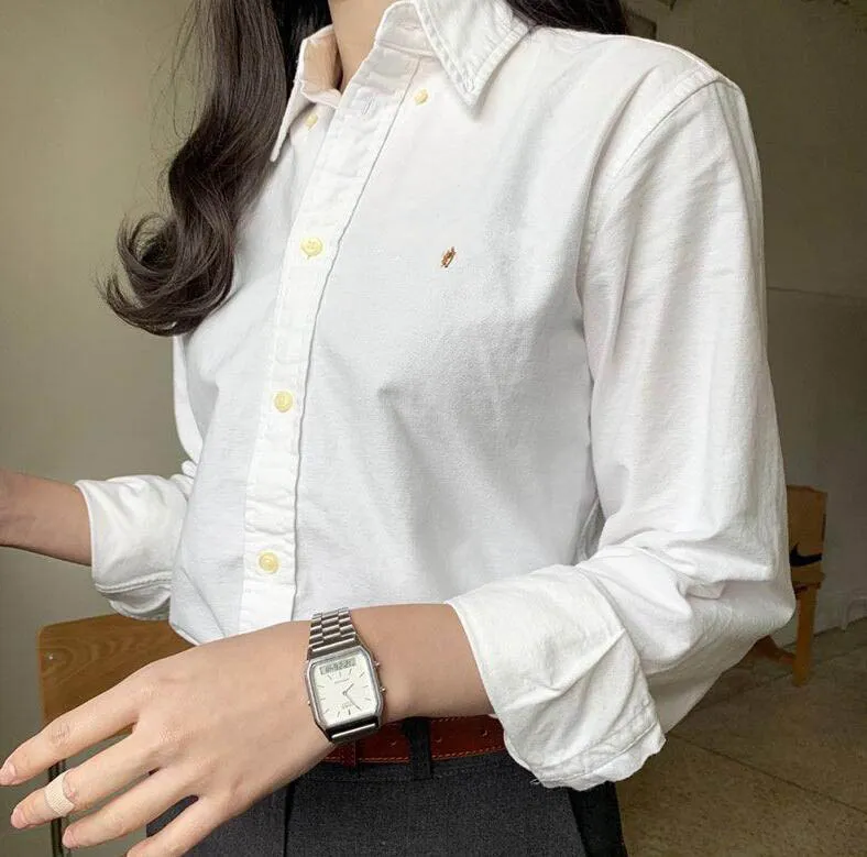 American Casual Polo Pony Blouses Women's Loose Lapel Seckie Bawełniane koszule Projektowanie Kolorowe hafty konia Kobiety moda bluzy z długim rękawem