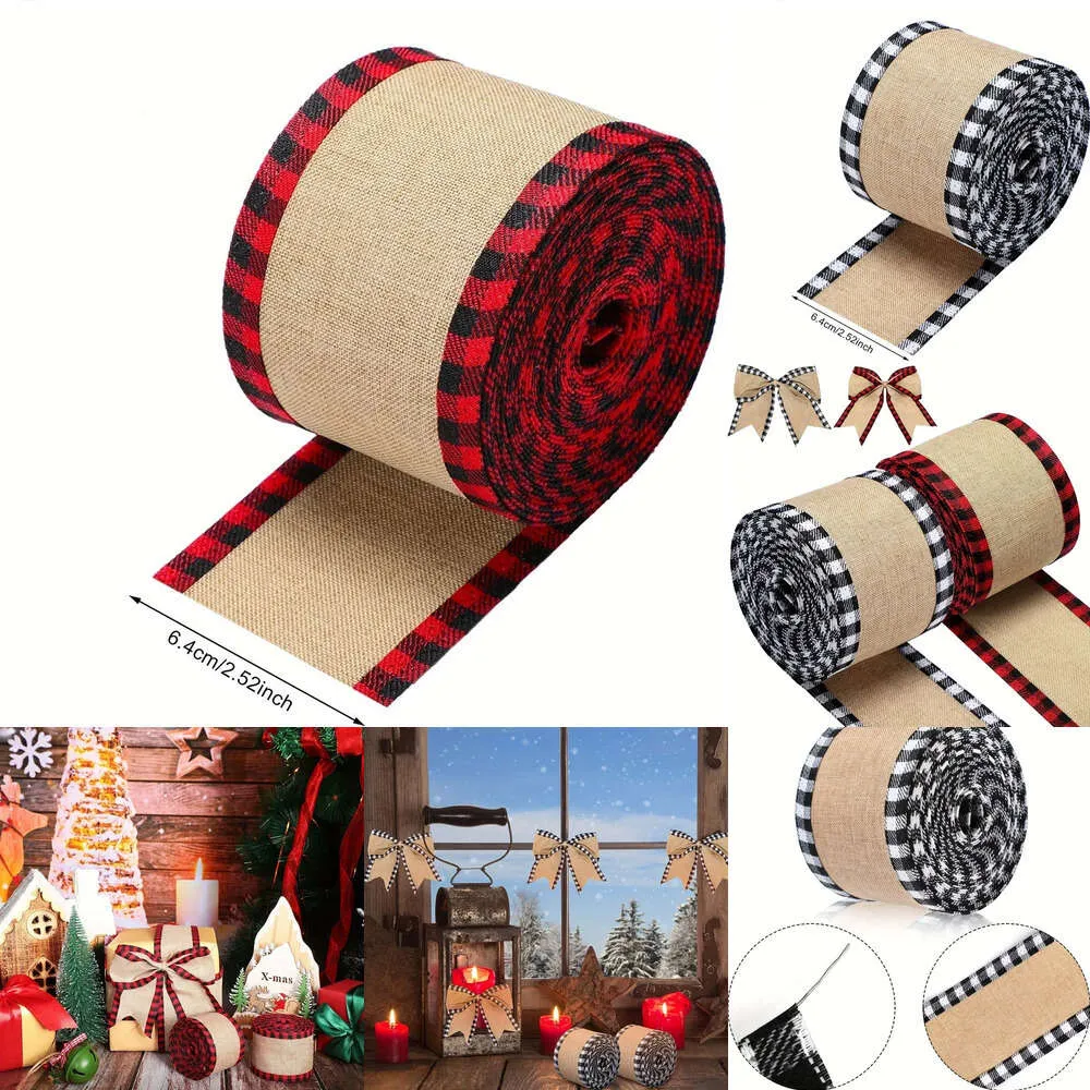 Nieuwe kerstspeelgoedbenodigdheden 1 rol 6 m kerstbuffelplaid bedraad lint kerstboom jute stof ambachtslint inpaklint met geruite rand