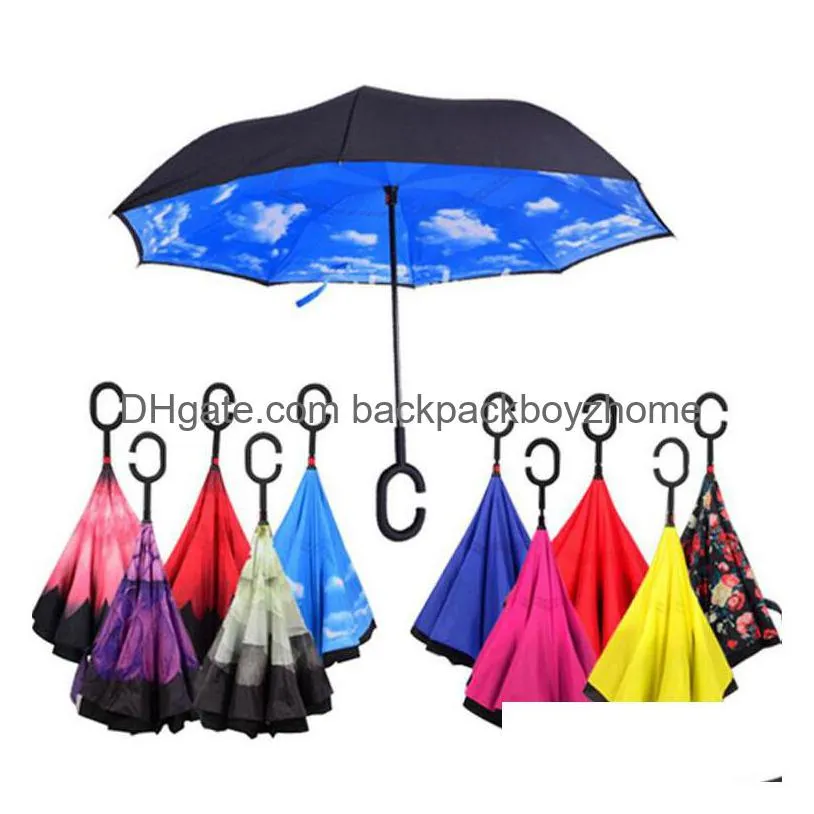 Paraplyer Kreativa inverterade paraplyer Dubbelskikt med C -handtag inifrån och ut omvänd vindtät paraply 34 färger OOA867 Drop Leverans DHDS7