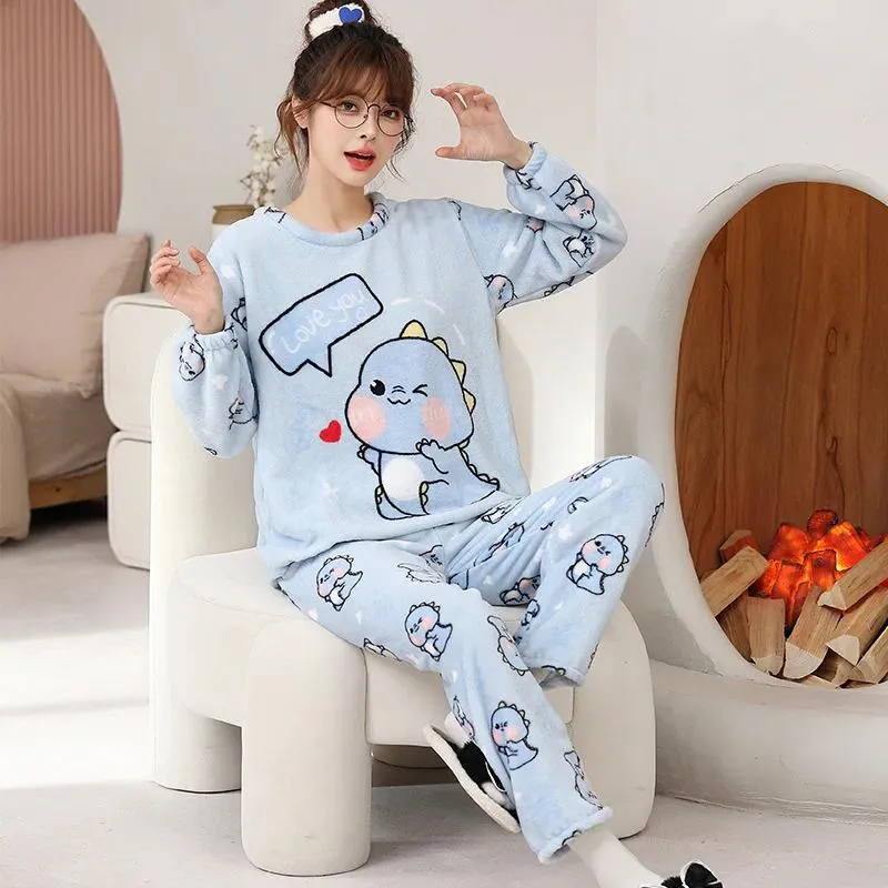 Womens Sleepwear Autumn Winter Korean Pajamas Cute Cartoon Printed Casual  Home Wear Set Girls Knitted Pijamas Fashion Pyjamas From 9,41 €