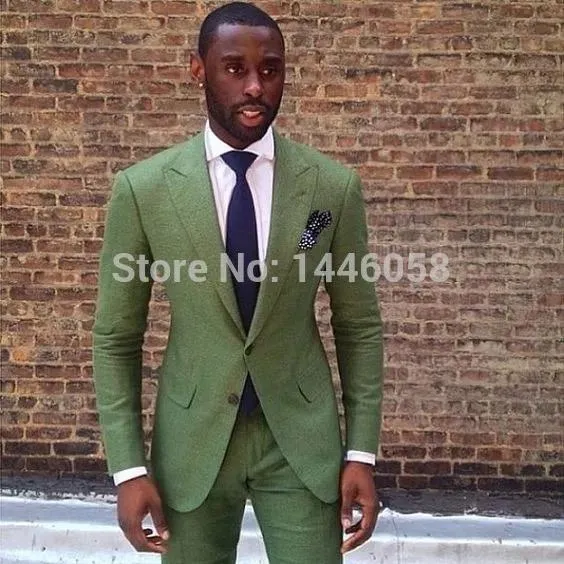 Blazers Wholesale New Arrival 2 Button Peaked Lapel Green Suits For Men Tuxedo Wedding Groom Suit Best Man Groomsmen Tailored (Jacket+Pan