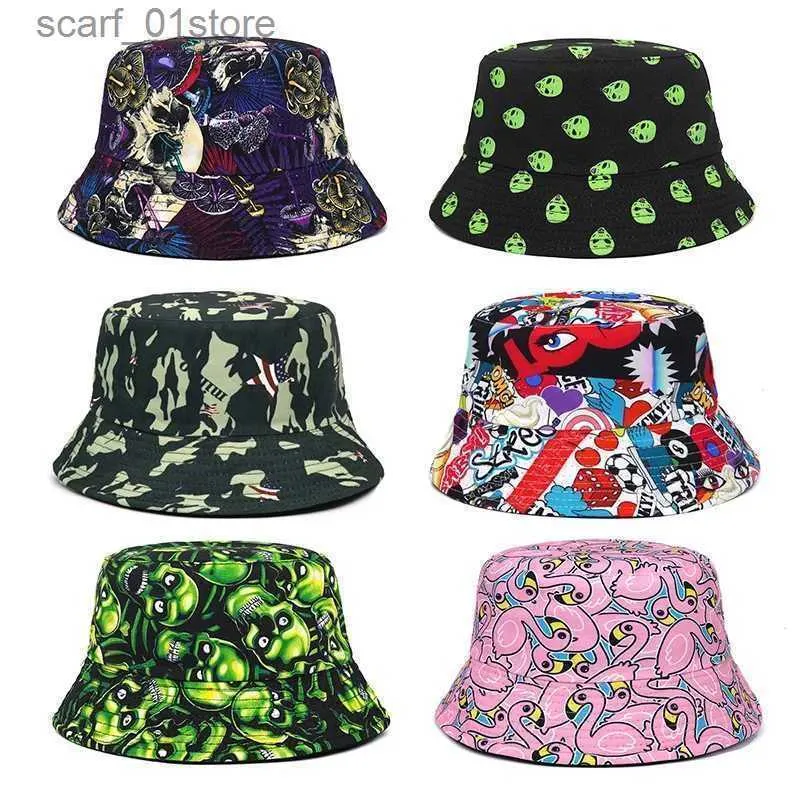 Cappelli a tesa larga Cappelli a secchiello 2023 Nuova estate Alien Skull Pattern Cappelli a secchiello per unisex Beach Pieghevole Bob Cappello da pescatore Sun CL231217