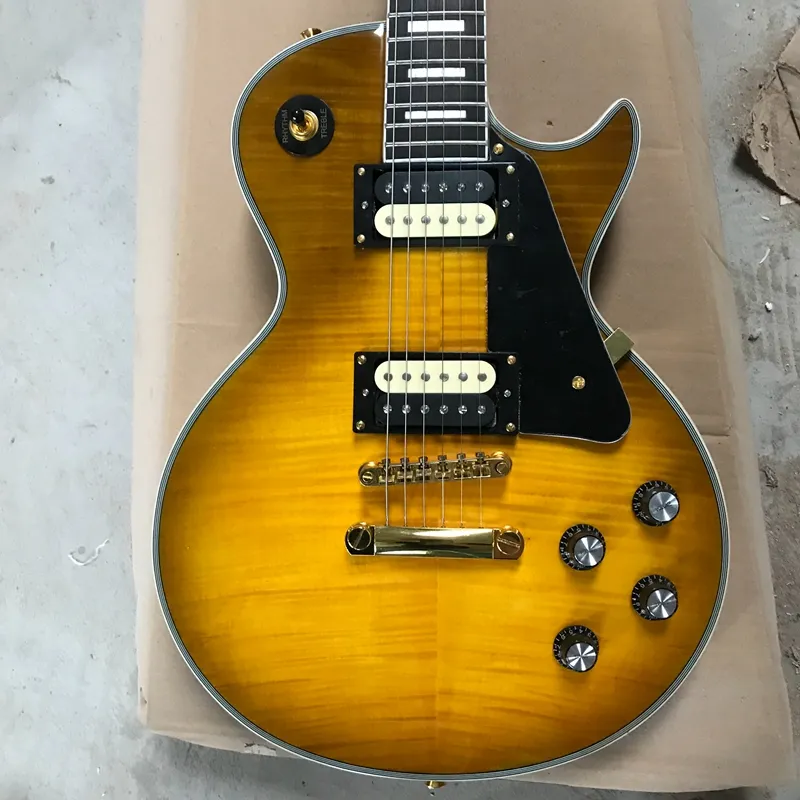 Kundenspezifische E-Gitarre mit Flame-Ahorn-Decke in gelber Farbe, alle Farben sind verfügbar, hochwertige Gitarre, kostenloser Versand