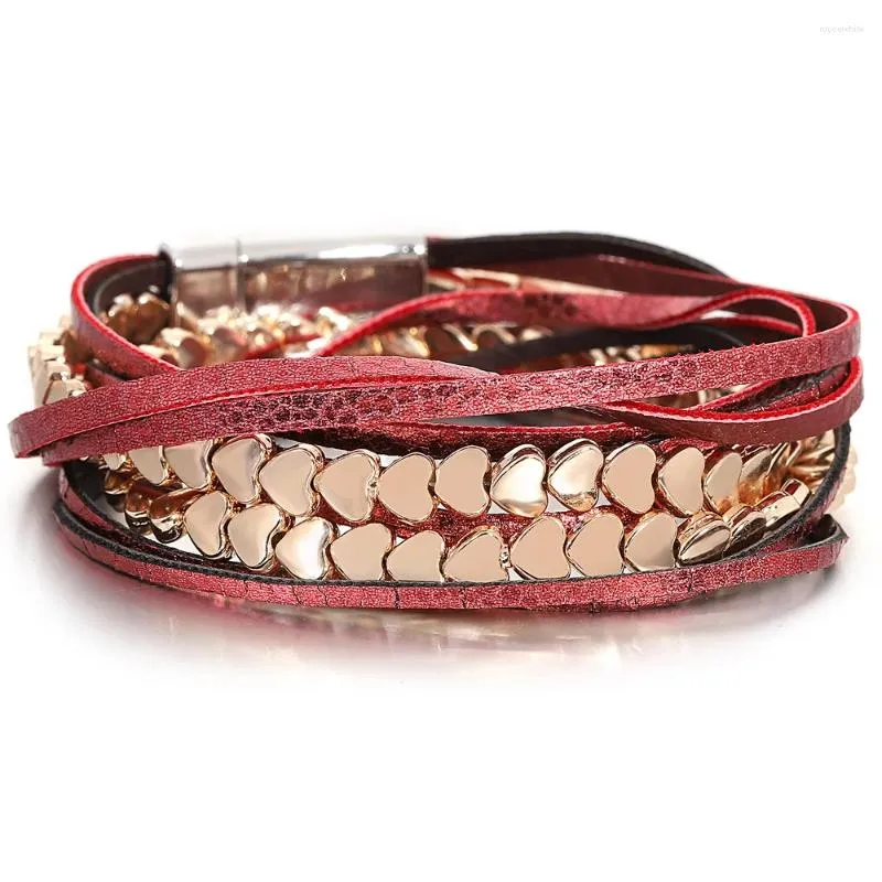 Braccialetti con ciondoli ALLYES Bracciale in pelle multistrato alla moda per gioielli da donna Catena romantica in metallo con cuore d'amore Regalo di San Valentino