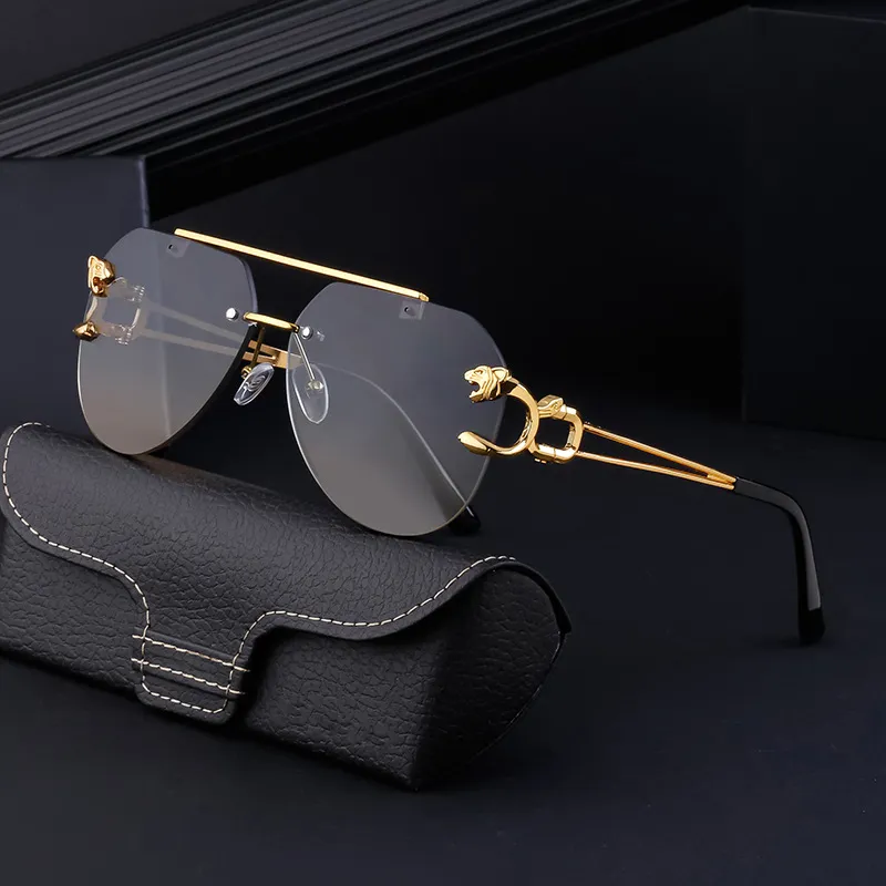 European and American retro leopard mirror leg sunglasses men's trend rimless cut edge sunglasses for men