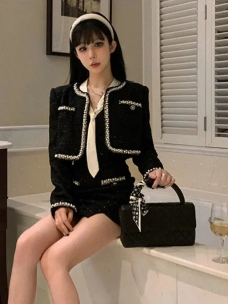 Tvådelad klänning Elegant Vintage 2 Set Black Suit Short Jacket Sexig Spaghetti Strap Mini Spring Autumn Party Korean Chic Outfits 231218