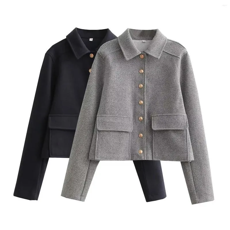 Women's Jackets TPJB Grey Woolen Lapel Single Breated Coat Women Elegant Oblique Pocket Short Autumn Ladies Restro Wool Coats