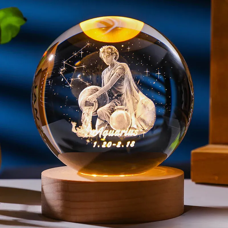 Décorations de Noël Boule de cristal 3D Veilleuse gravée au laser Cadeau d'anniversaire Sphère de verre Décoration de bureau à domicile avec base USB en bois 231216