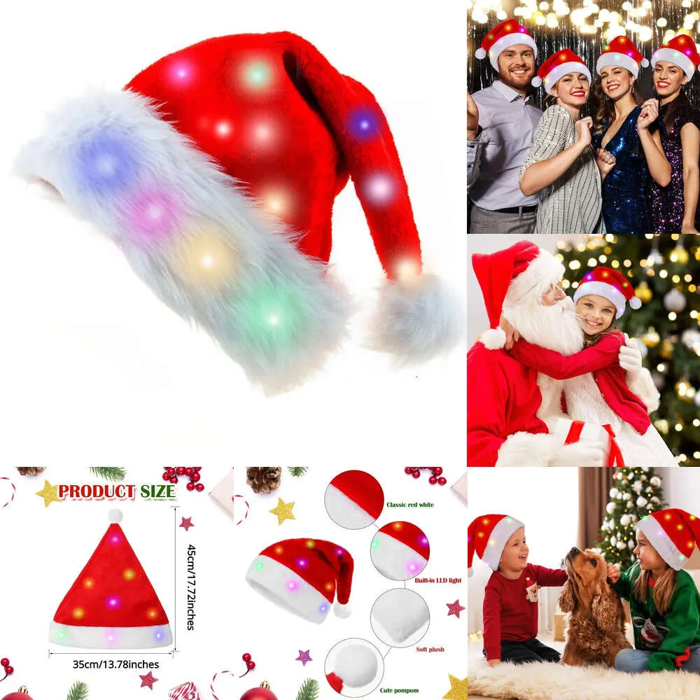 New Christmas Toy Supplies Christmas LED Hat Santa Light Up Plush Hat Merry Christmas Funny Hat Xmas Lighted Plush Hat New Year Holiday Kids Adults Navid