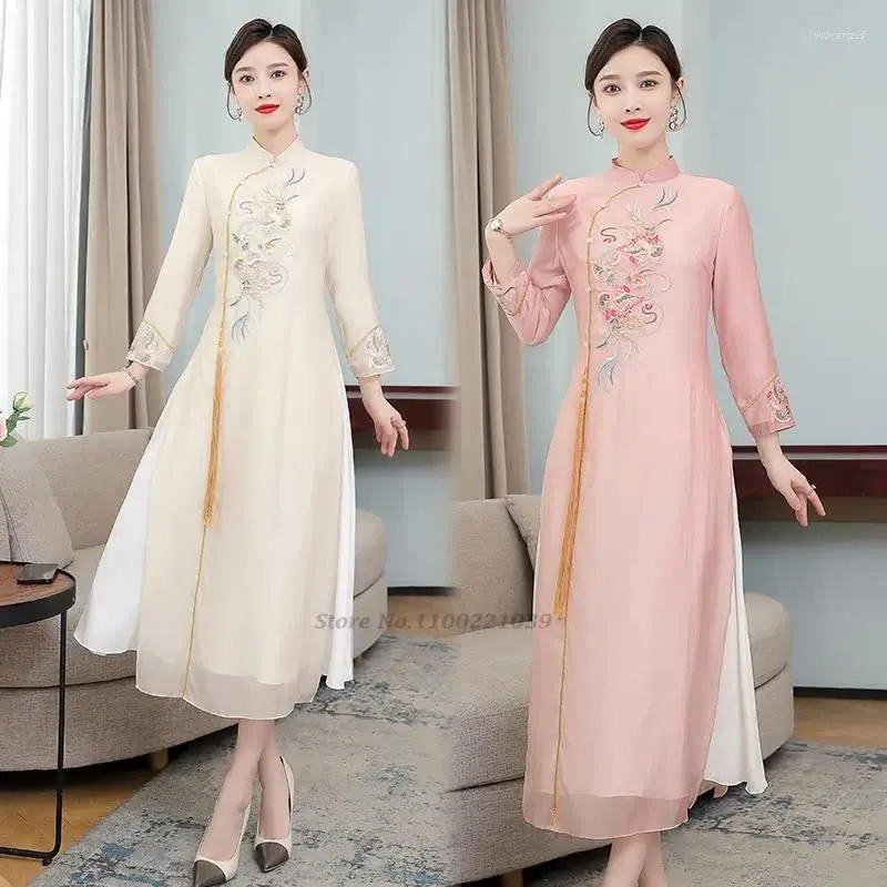 Roupas étnicas 2023 Tradicional Vietnã Chiffon Vestido Aodai Nacional Flor Bordado Chinês Vintage Qipao Elegante Festa de Noite