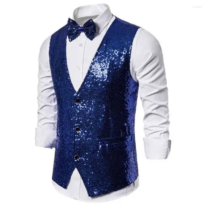 Men's Vests Men Polyester Suit Vest Sequin Sleeveless Slim Fit Bow Set For Stage Show Emcee Performance Single-breasted V Neck